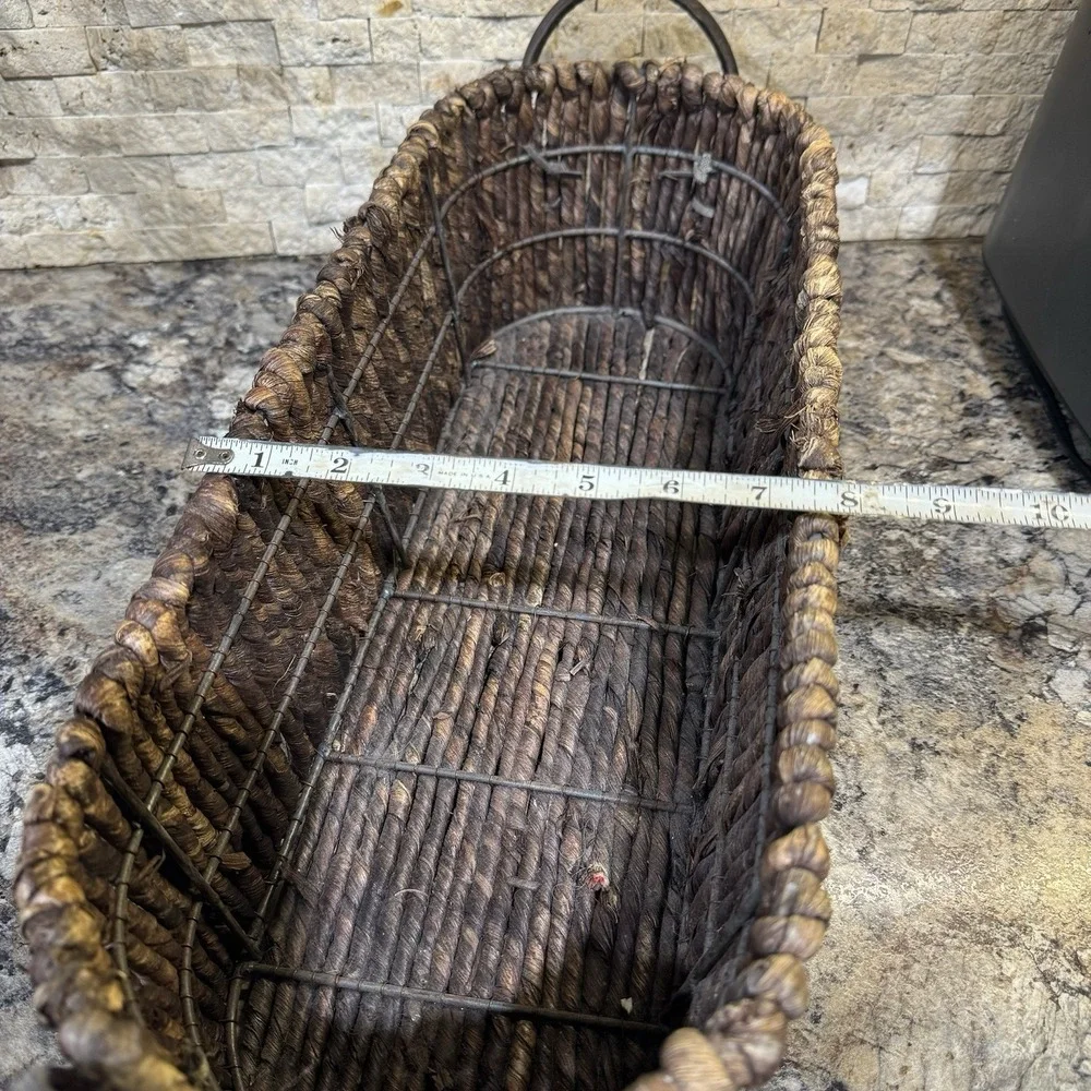 Long Wicker Basket Container Brown‎ Seagrass Leather Handles Metal Frame 19.5